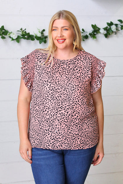 Blush Leopard Print Smoked Ruffle Button Keyhole Blouse