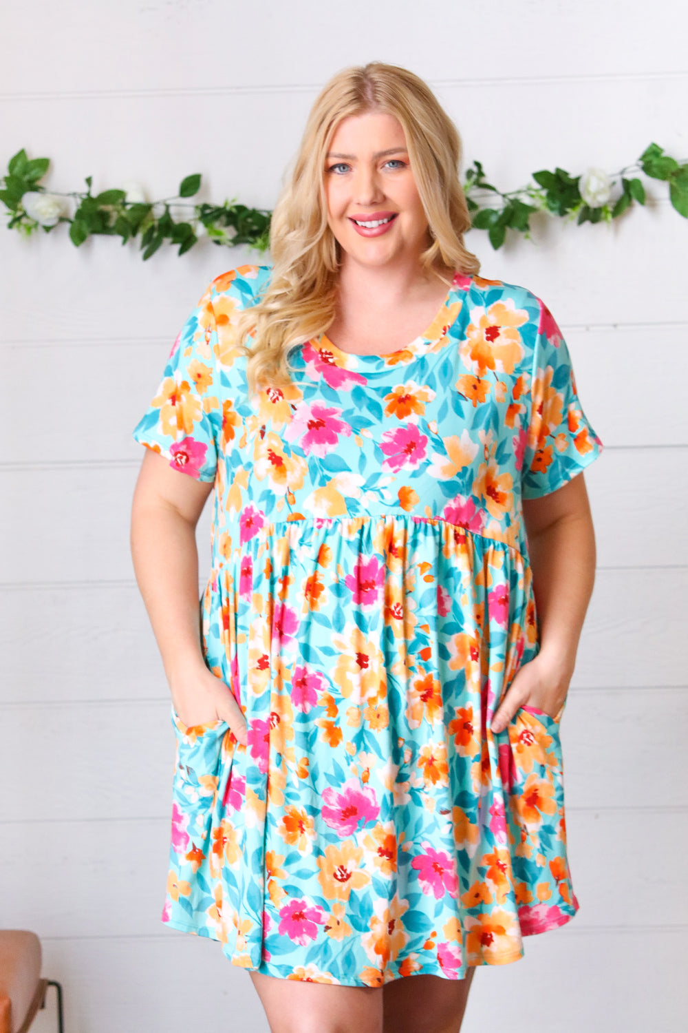 Teal & Magenta Floral Babydoll Fit and Flare Dress