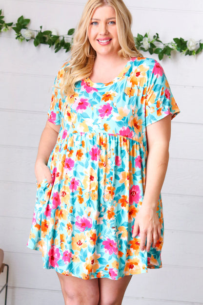 Teal & Magenta Floral Babydoll Fit and Flare Dress