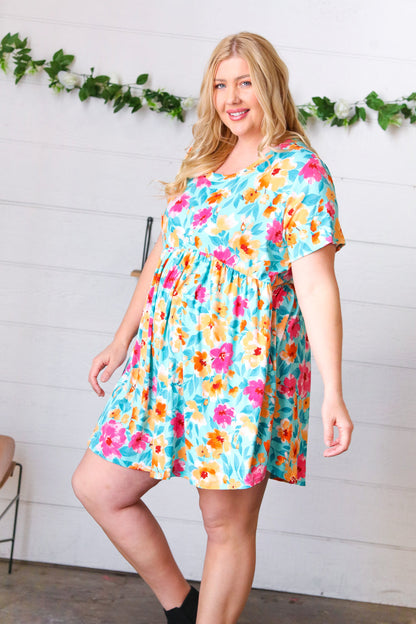 Teal & Magenta Floral Babydoll Fit and Flare Dress