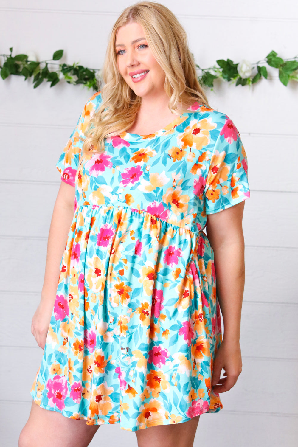 Teal & Magenta Floral Babydoll Fit and Flare Dress