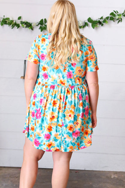 Teal & Magenta Floral Babydoll Fit and Flare Dress