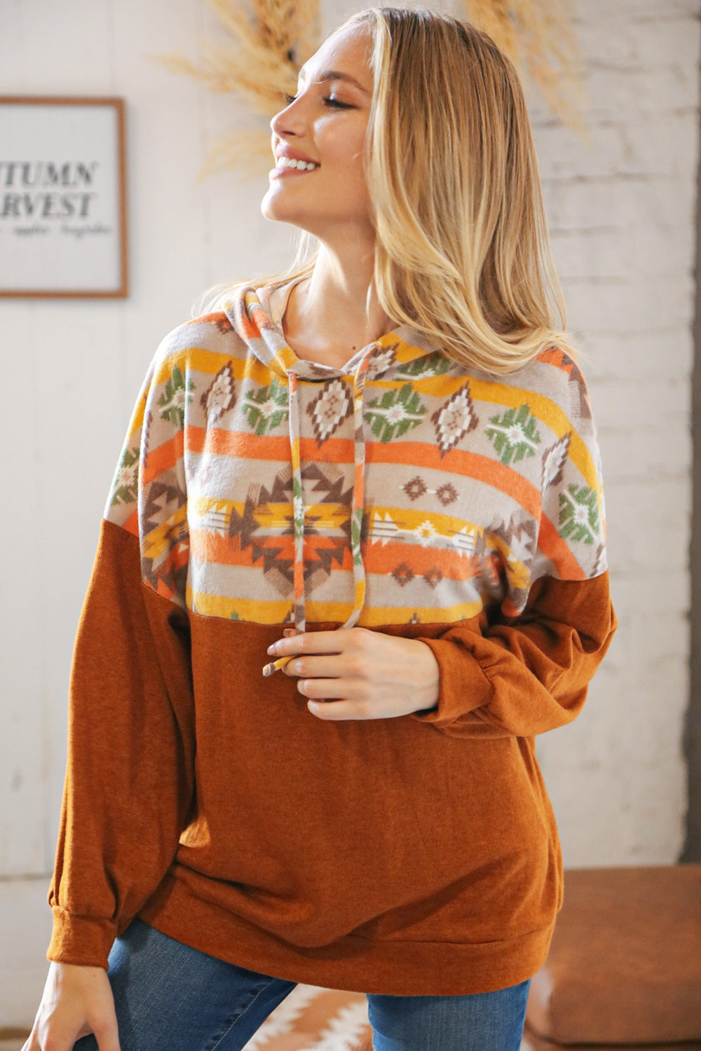 Rust Aztec Hacci Color Block Hoodie