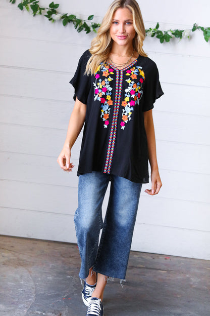 Black Floral Embroidered Flutter Sleeve Top