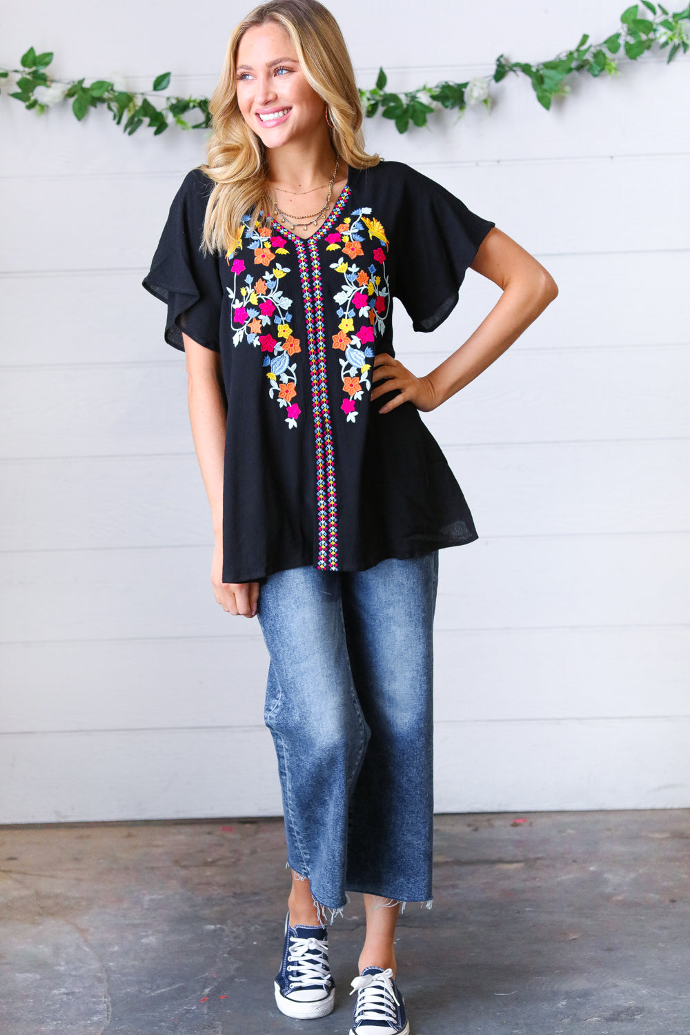 Black Floral Embroidered Flutter Sleeve Top