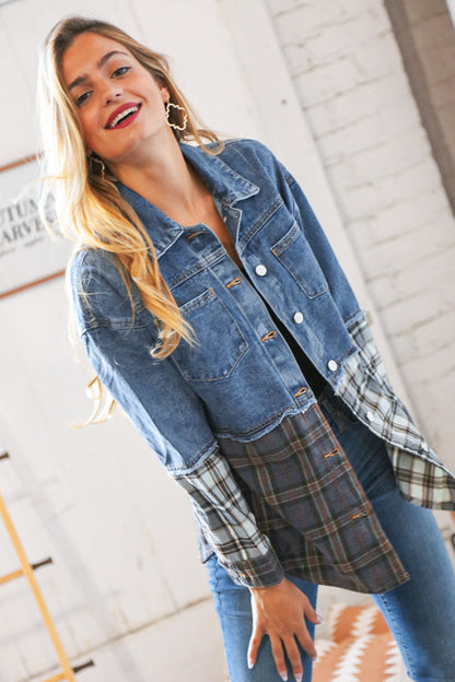 Washed Cotton Denim Plaid Color Block Jacket