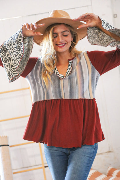 Berry Hacci Aztec Multistripe Outseam Bell Sleeve Top