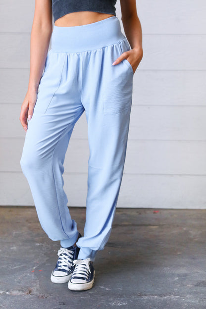 Spring Blue Woven Airflow Wide Waistband Jogger