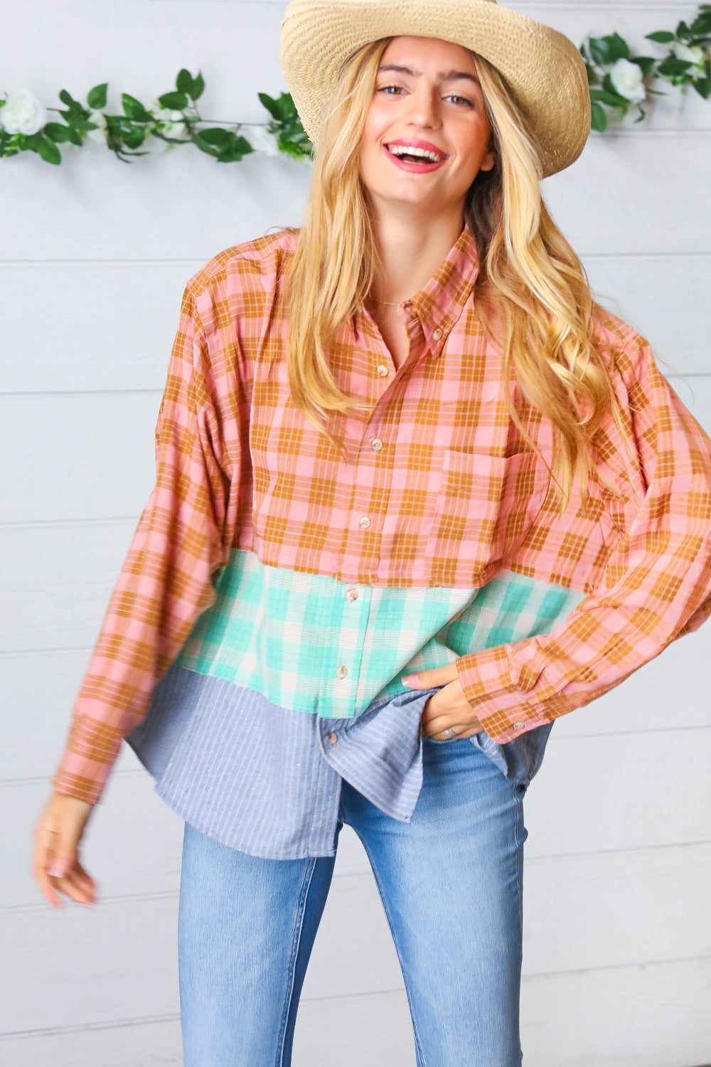 Rose Gold Cotton Linen Plaid Stripe Color Block Shirt