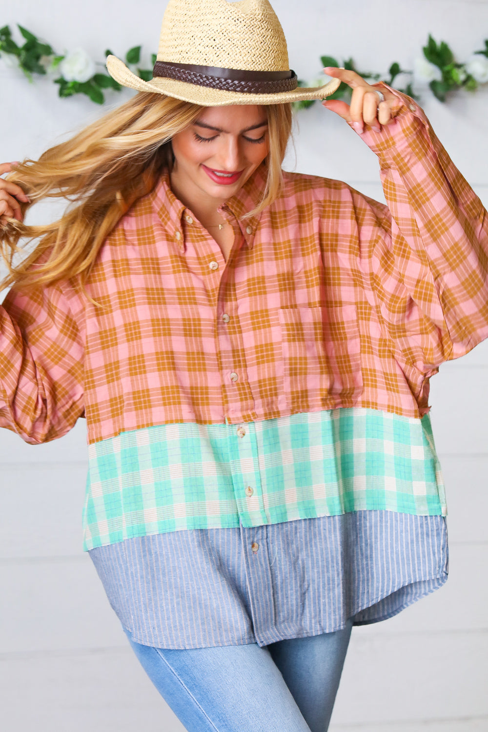 Rose Gold Cotton Linen Plaid Stripe Color Block Shirt