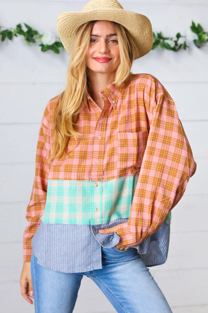 Rose Gold Cotton Linen Plaid Stripe Color Block Shirt