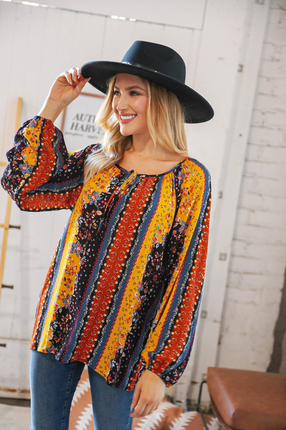 Boho Vertical Floral Front Tie Peasant Woven Blouse