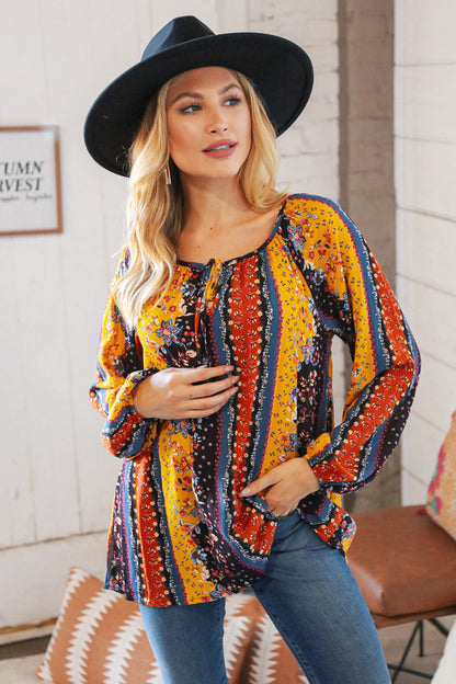 Boho Vertical Floral Front Tie Peasant Woven Blouse