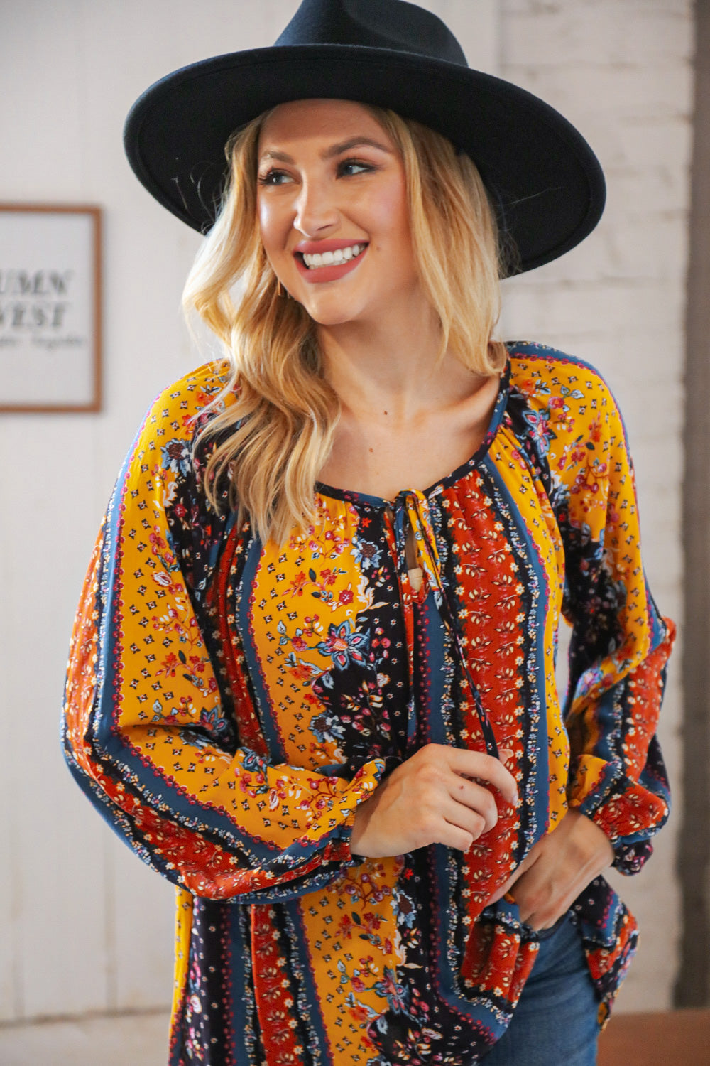 Boho Vertical Floral Front Tie Peasant Woven Blouse