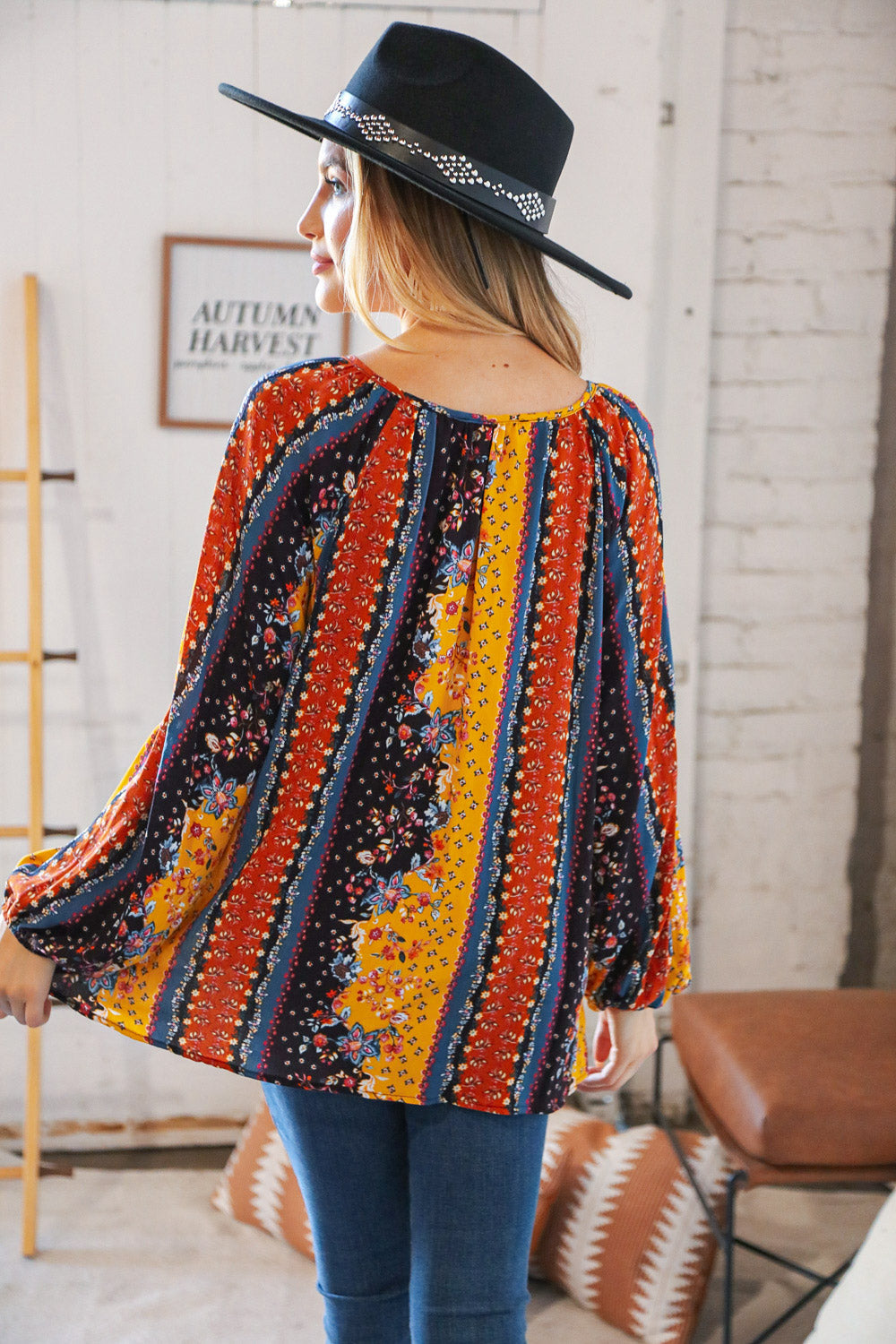 Boho Vertical Floral Front Tie Peasant Woven Blouse