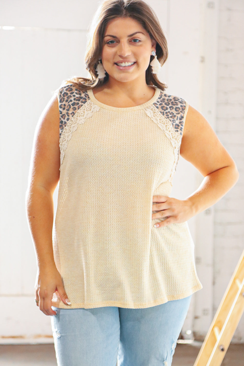 Tan Leopard Crochet Waffle Banded Sleeve Top