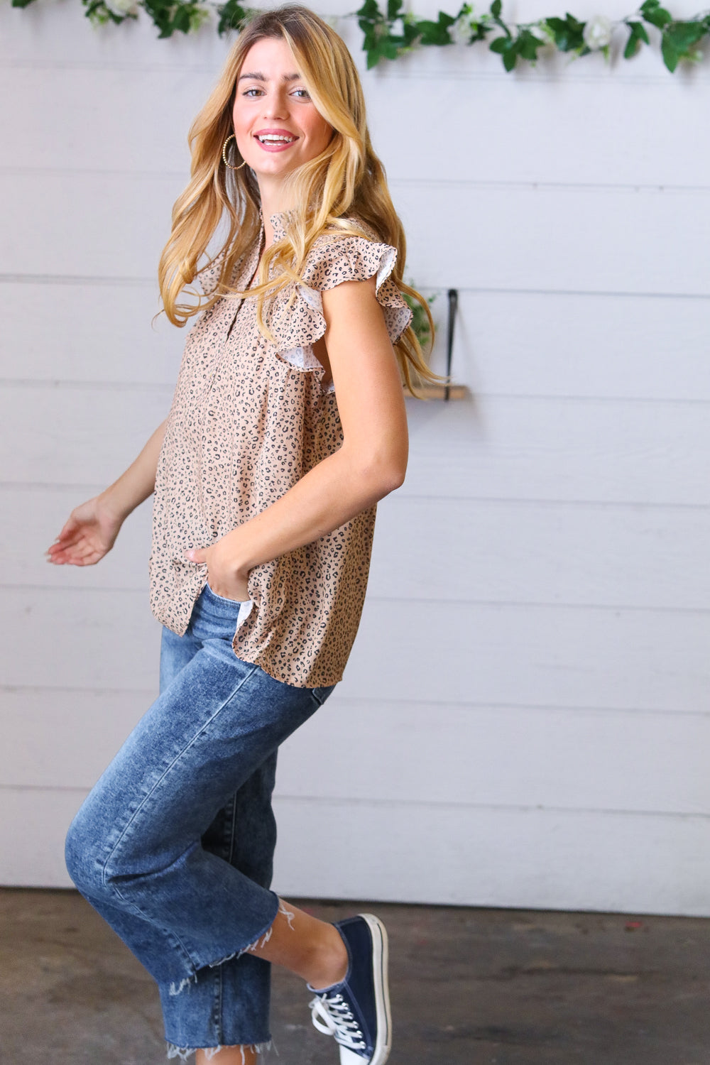 Taupe Animal Print Smocked Button Down Top