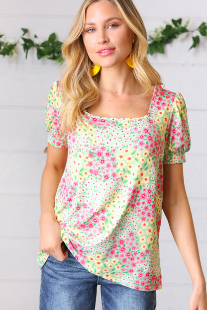 Canary/Mint Floral Square Neck Bubble Sleeve Top