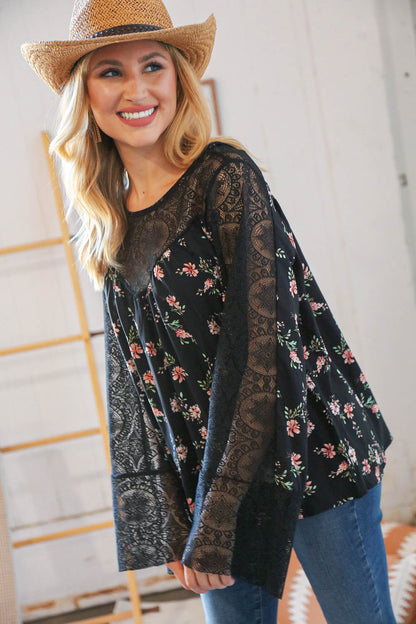 Black Floral Lace Color Block Bell Sleeve Blouse