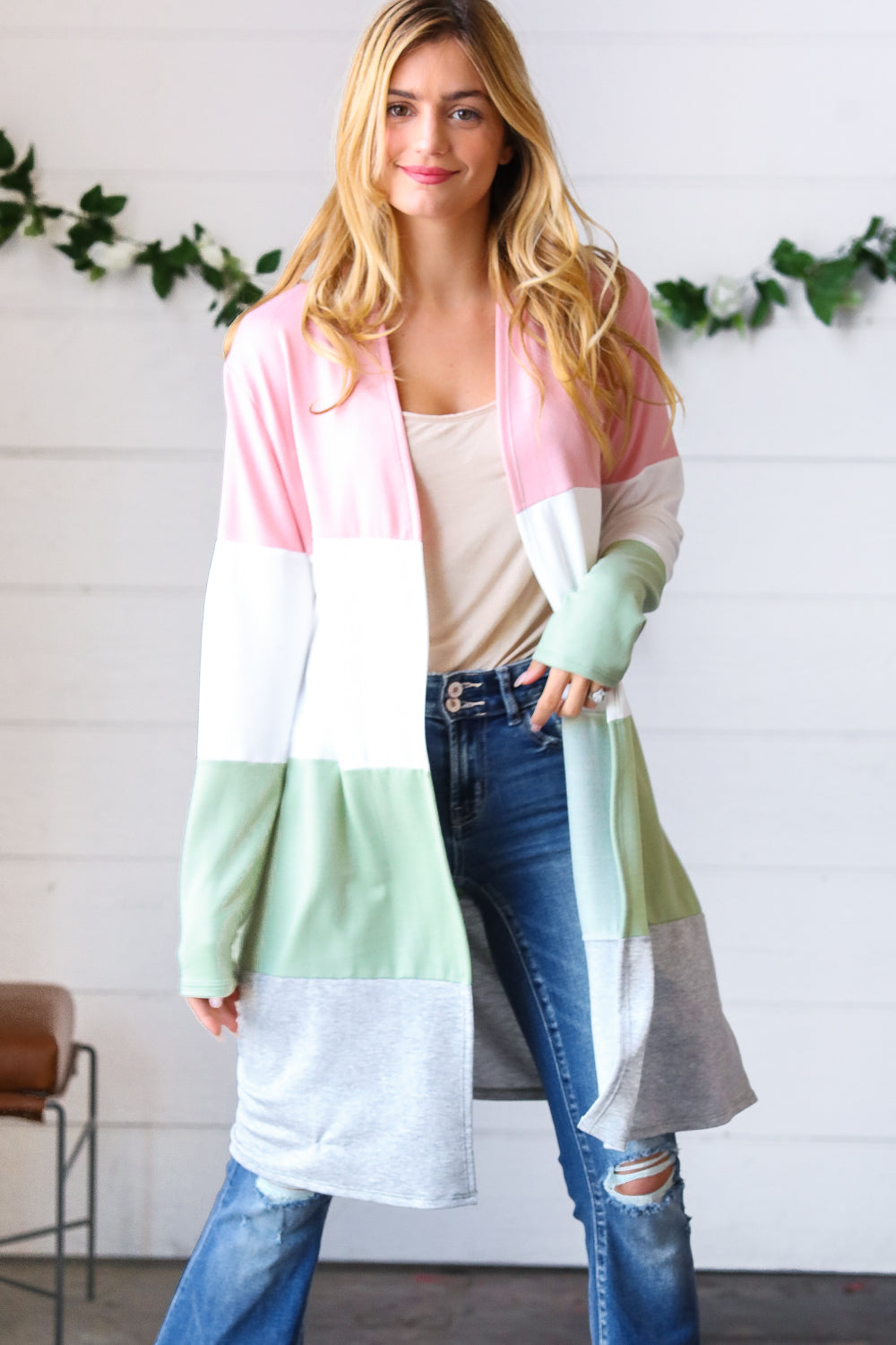 Sage Wide Stripe Terry Color Block Open Cardigan