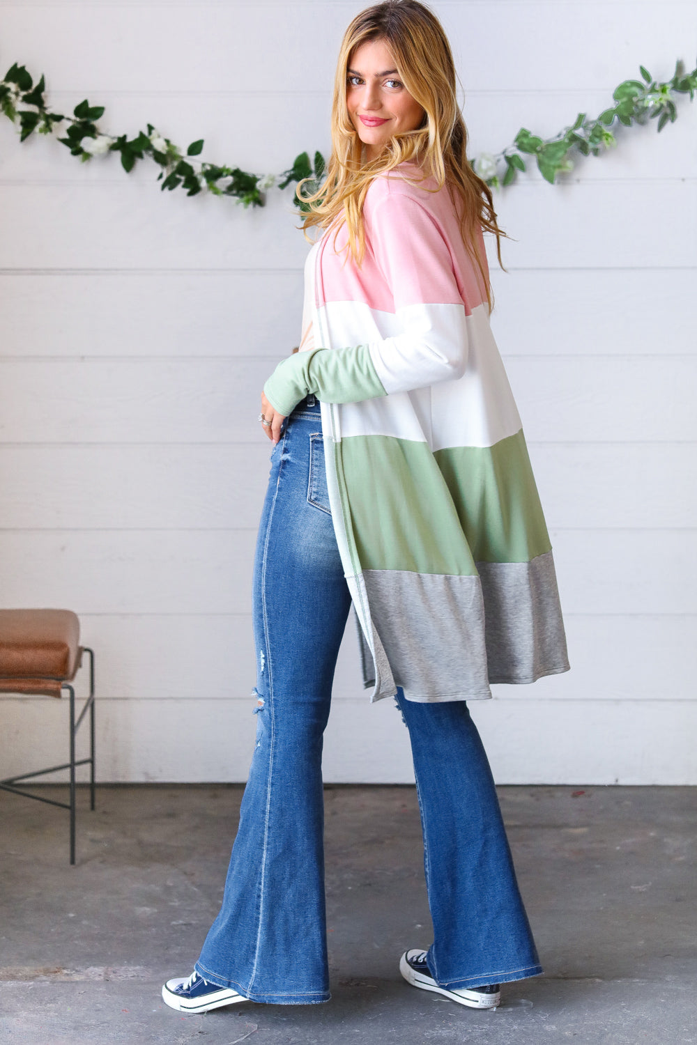 Sage Wide Stripe Terry Color Block Open Cardigan