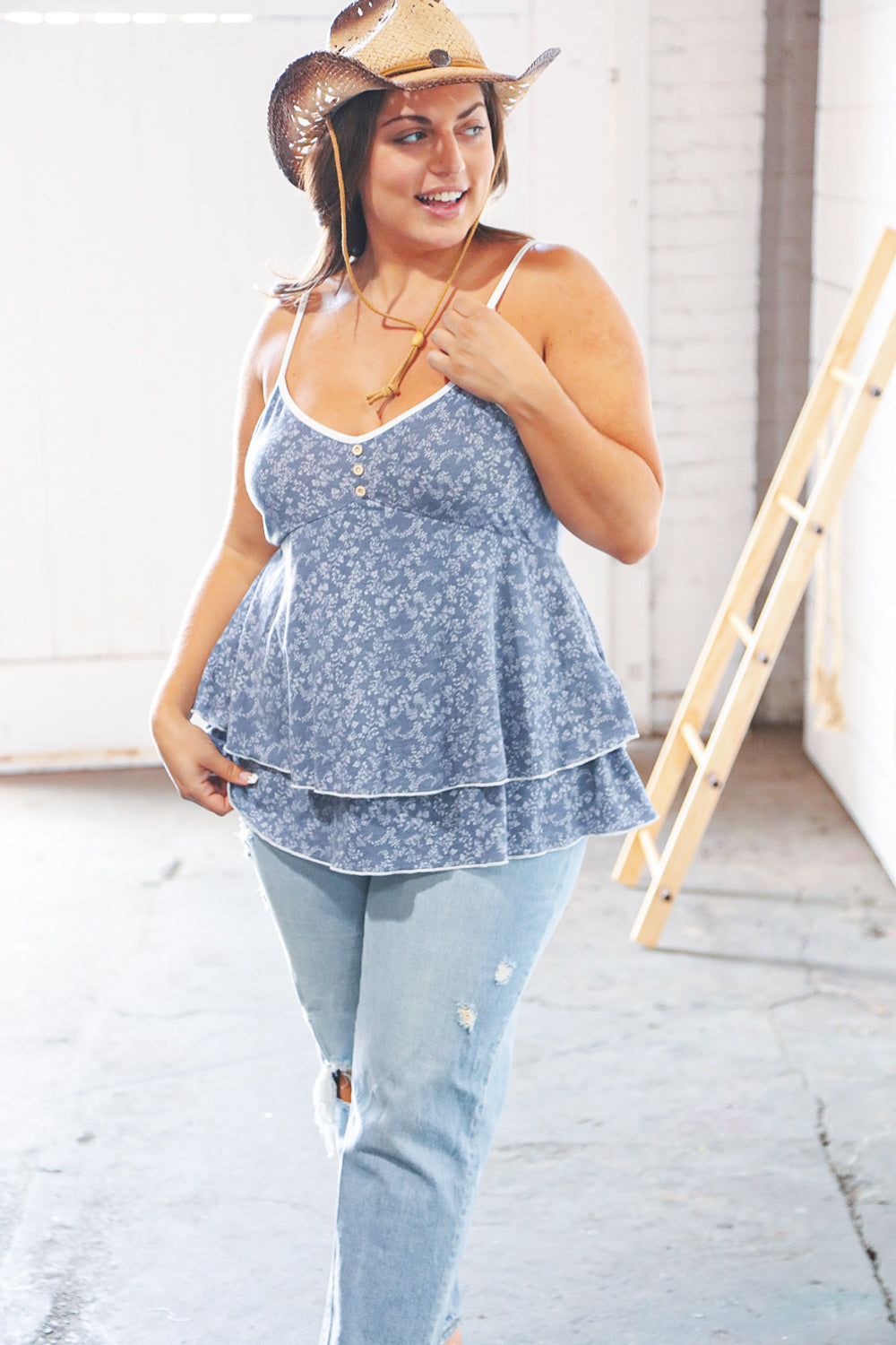 Blue V Neck Babydoll Button Detail Ruffle Top