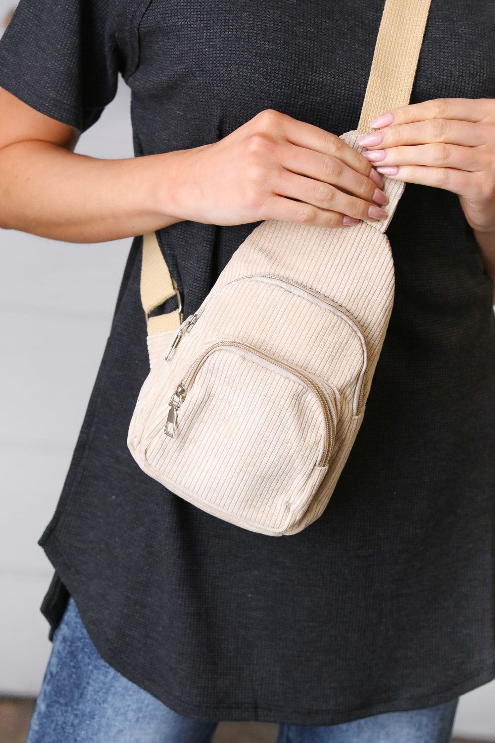 Sand Corduroy Sling Crossbody Bag