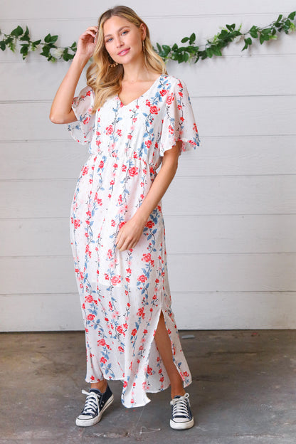 Red/Blue Floral Swiss Dot Chiffon Foil Maxi Dress