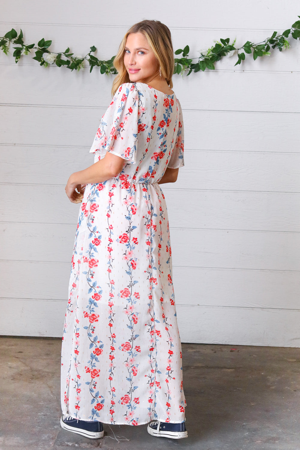 Red/Blue Floral Swiss Dot Chiffon Foil Maxi Dress