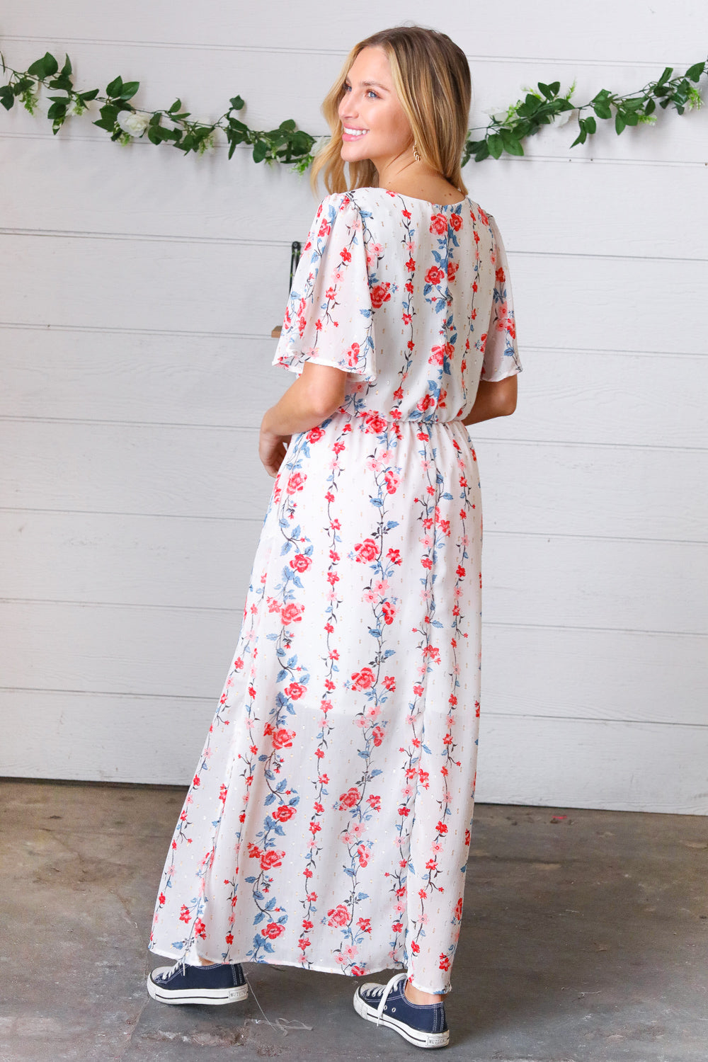 Red/Blue Floral Swiss Dot Chiffon Foil Maxi Dress