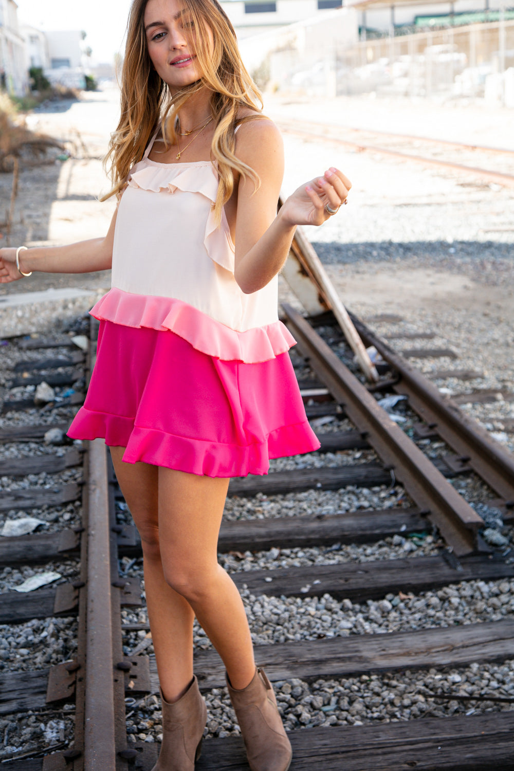 Peach/Fuchsia Ruffle Tiered Sleeveless Crepe Tank Top