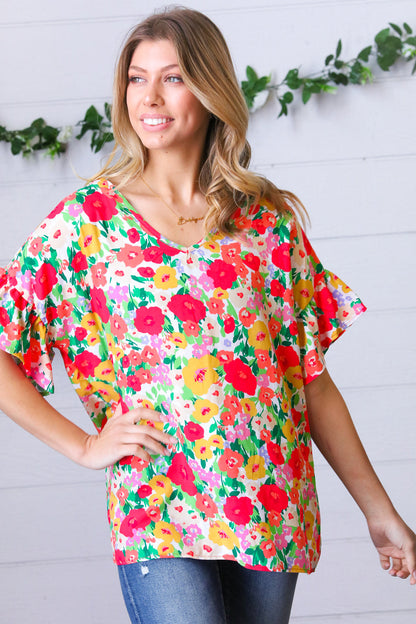 Red Flat Floral Pring Dolman Ruffle Frill Sleeve Blouse