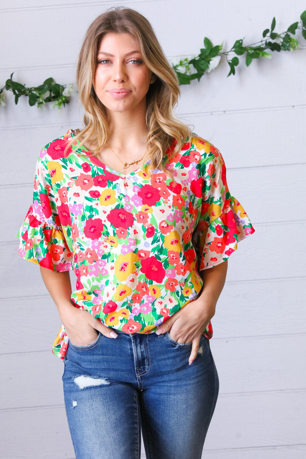 Red Flat Floral Pring Dolman Ruffle Frill Sleeve Blouse