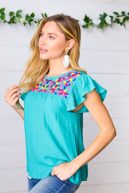 Turquoise Floral Embroidered Ruffle Sleeve Top