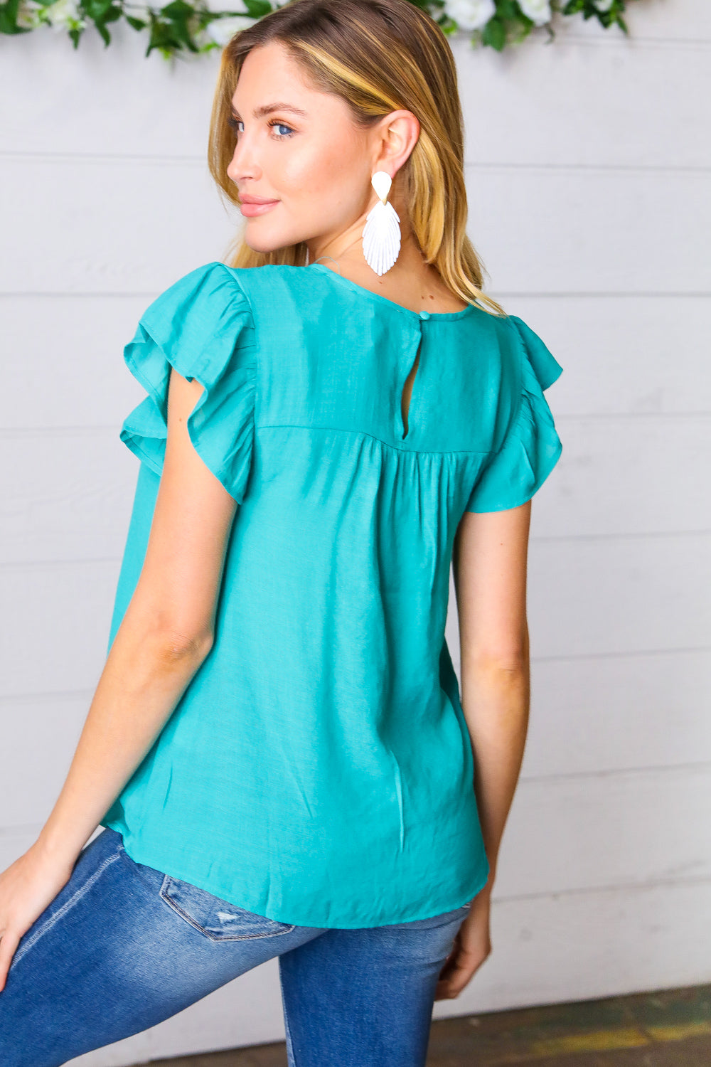 Turquoise Floral Embroidered Ruffle Sleeve Top