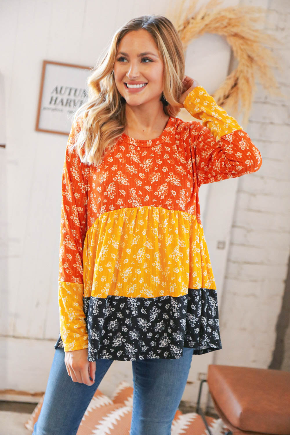 Sunflower Ditzy Floral Rib Color Block Babydoll Top