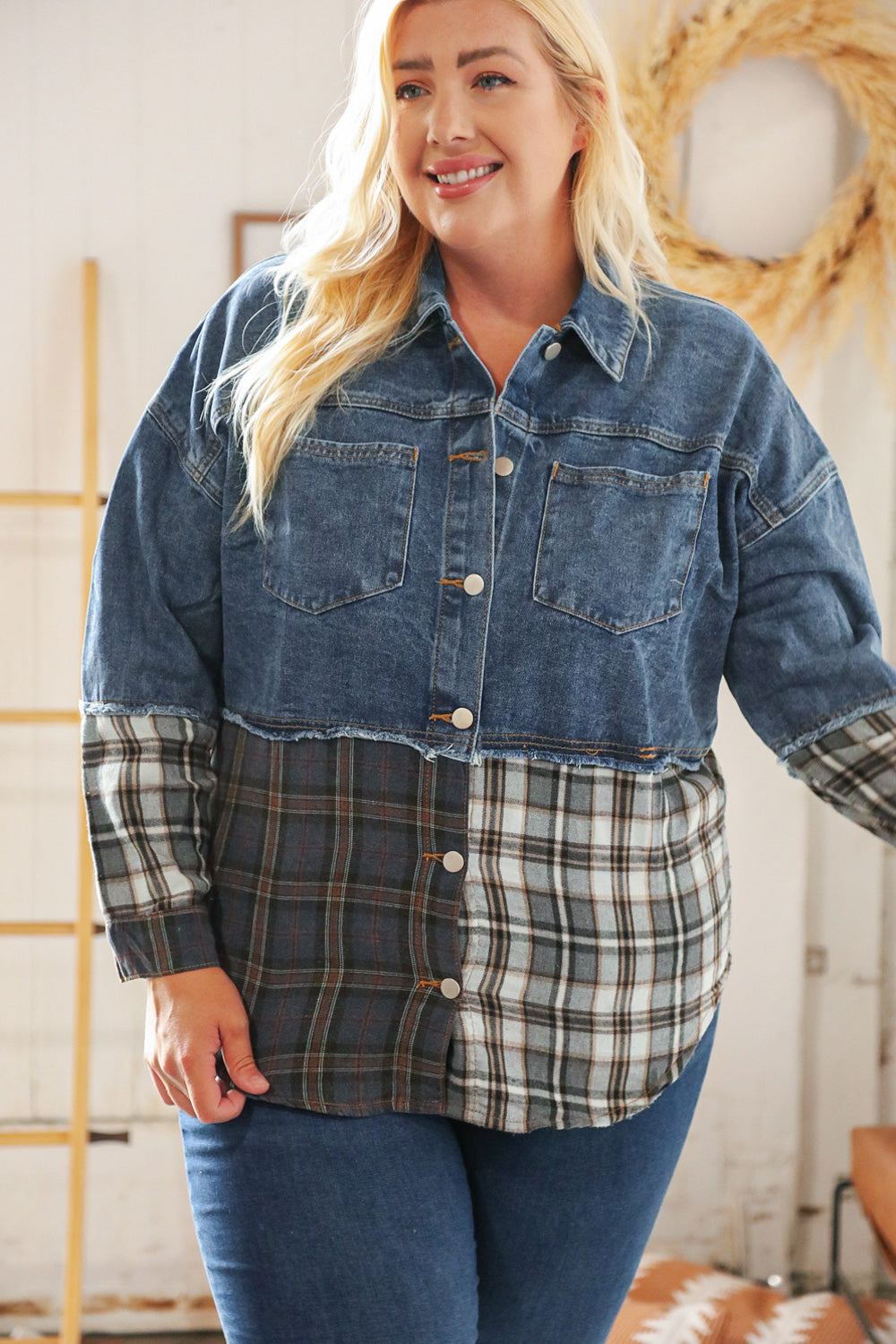 Washed Cotton Denim Plaid Color Block Jacket