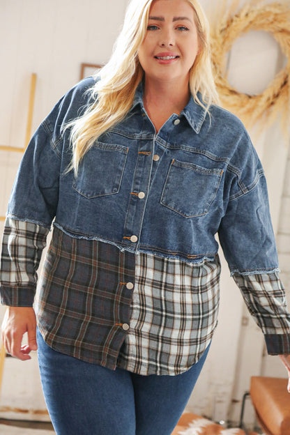 Washed Cotton Denim Plaid Color Block Jacket