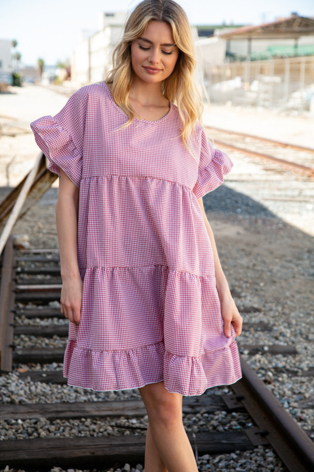 Red Ruffle Tiered Gingham Cotton Pocketed Dress