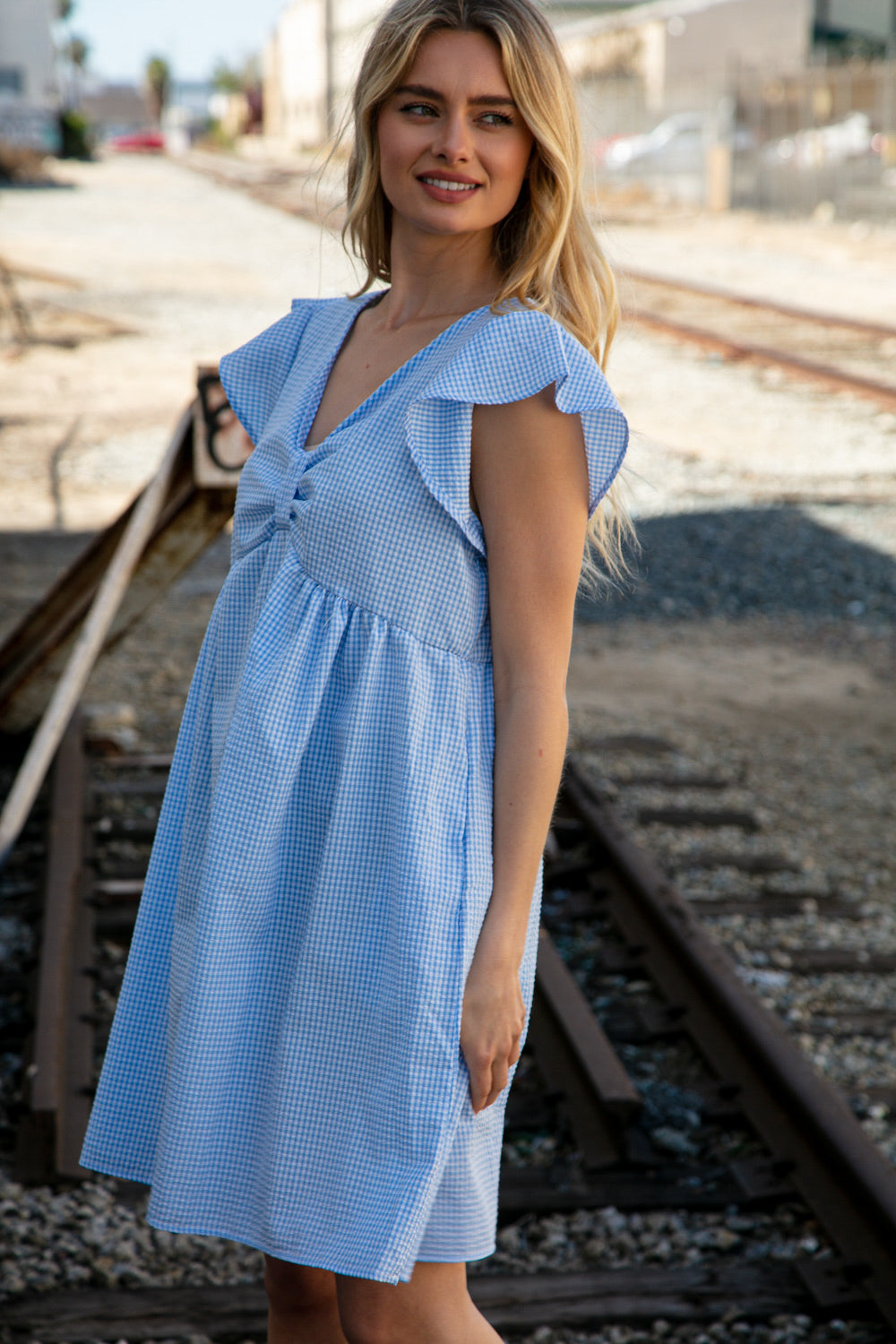 Blue Bow Ruffle Short Sleeve Flutter Pocketed Dress