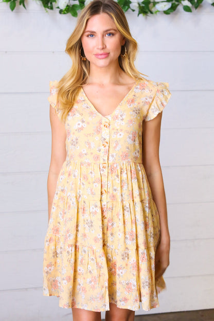 Yellow Floral Button Up Lined Dress