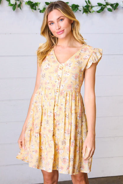 Yellow Floral Button Up Lined Dress