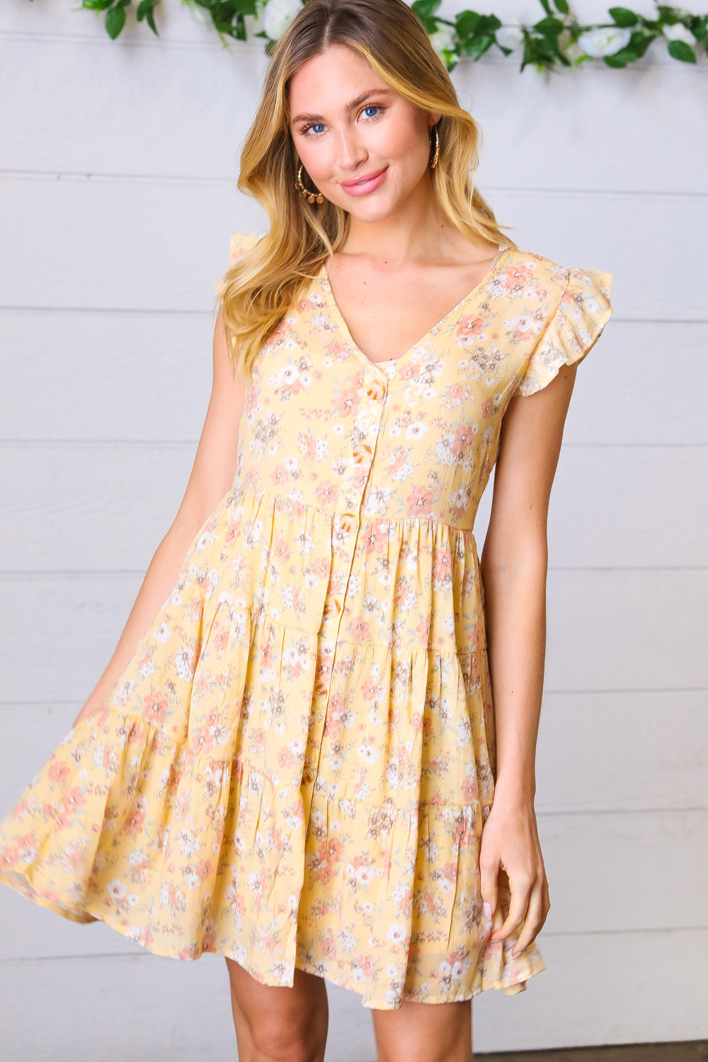 Yellow Floral Button Up Lined Dress