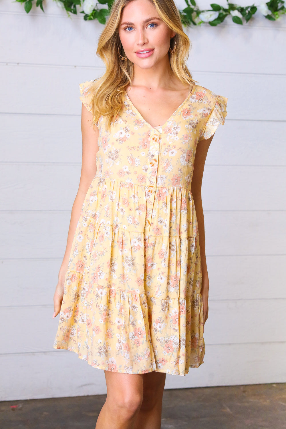 Yellow Floral Button Up Lined Dress