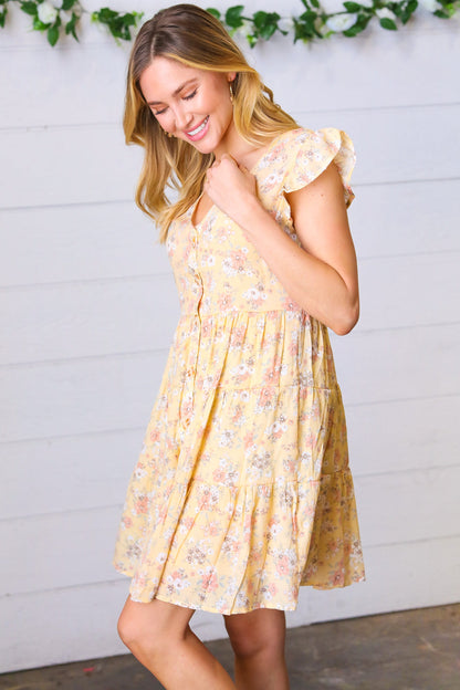 Yellow Floral Button Up Lined Dress