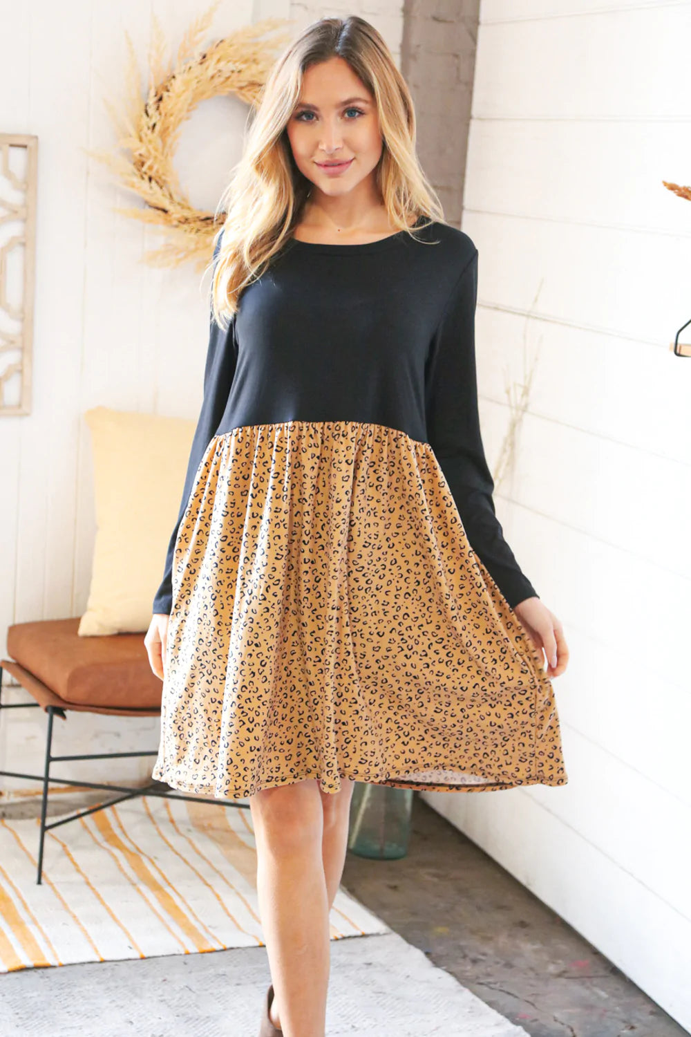 Black Leopard Twofer Pocketed Fit and Flare Dress