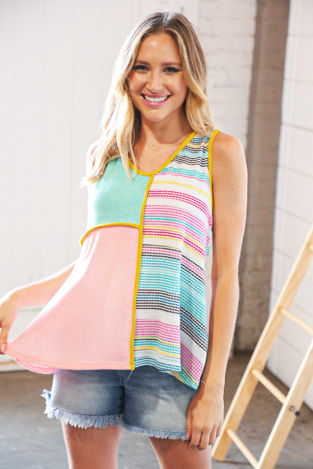 Multi Stripe Textured Color Block Piping Detail Top