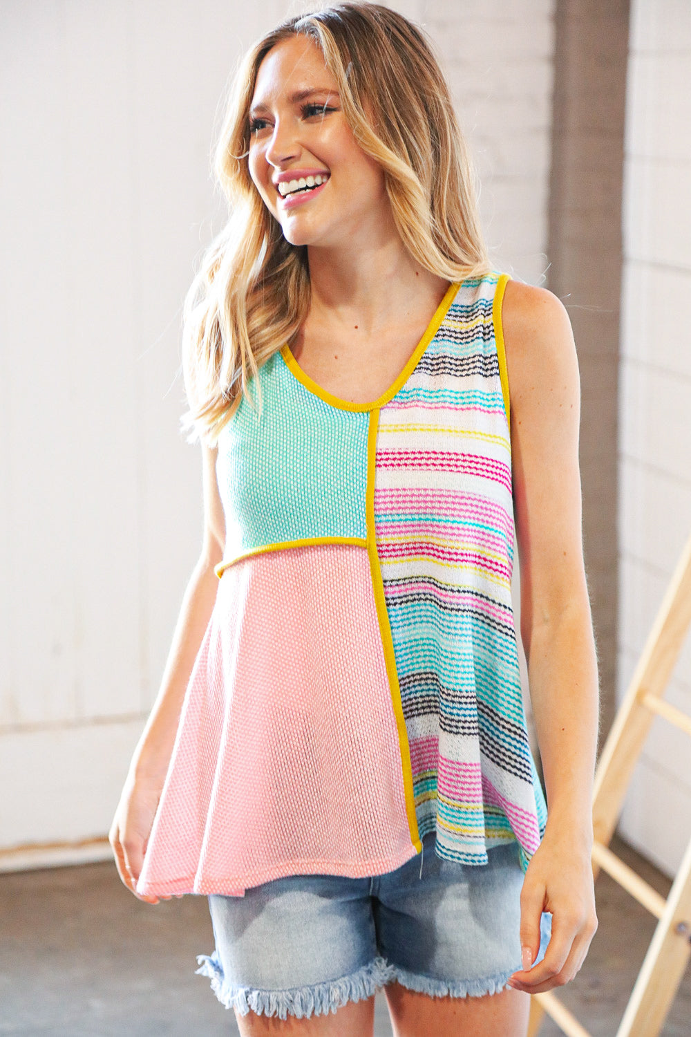 Multi Stripe Textured Color Block Piping Detail Top