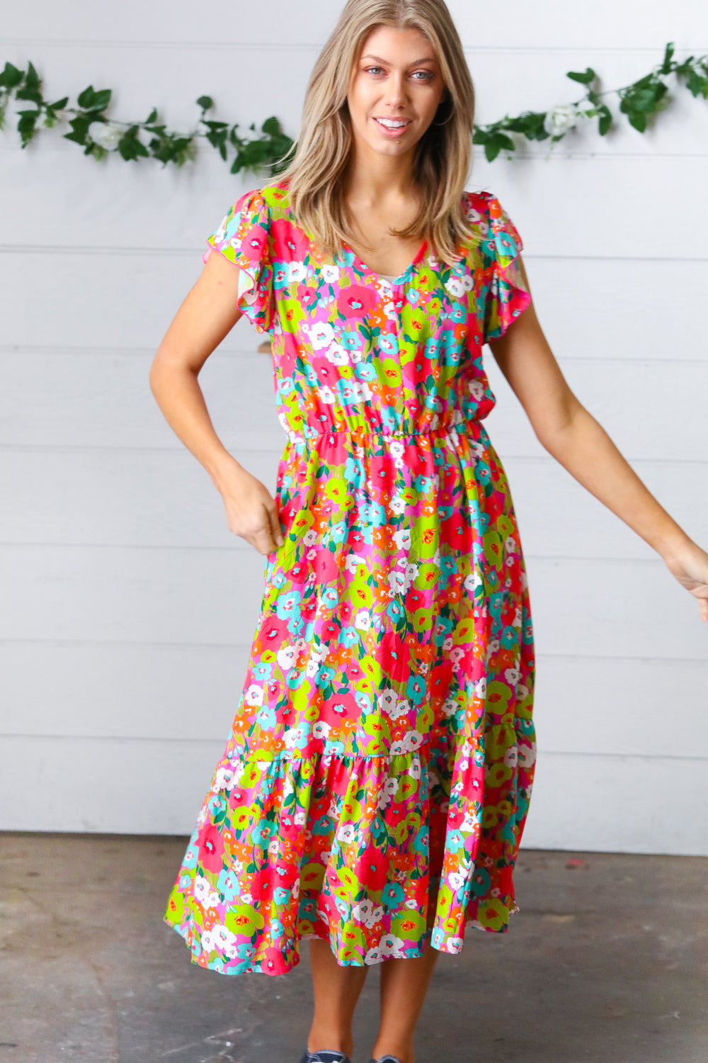 Multicolor Floral Boho Elastic Waist Ruffle Midi Dress