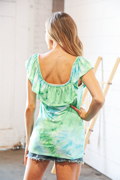 Lime Square Neck Ruffle Tie Dye Tank Top